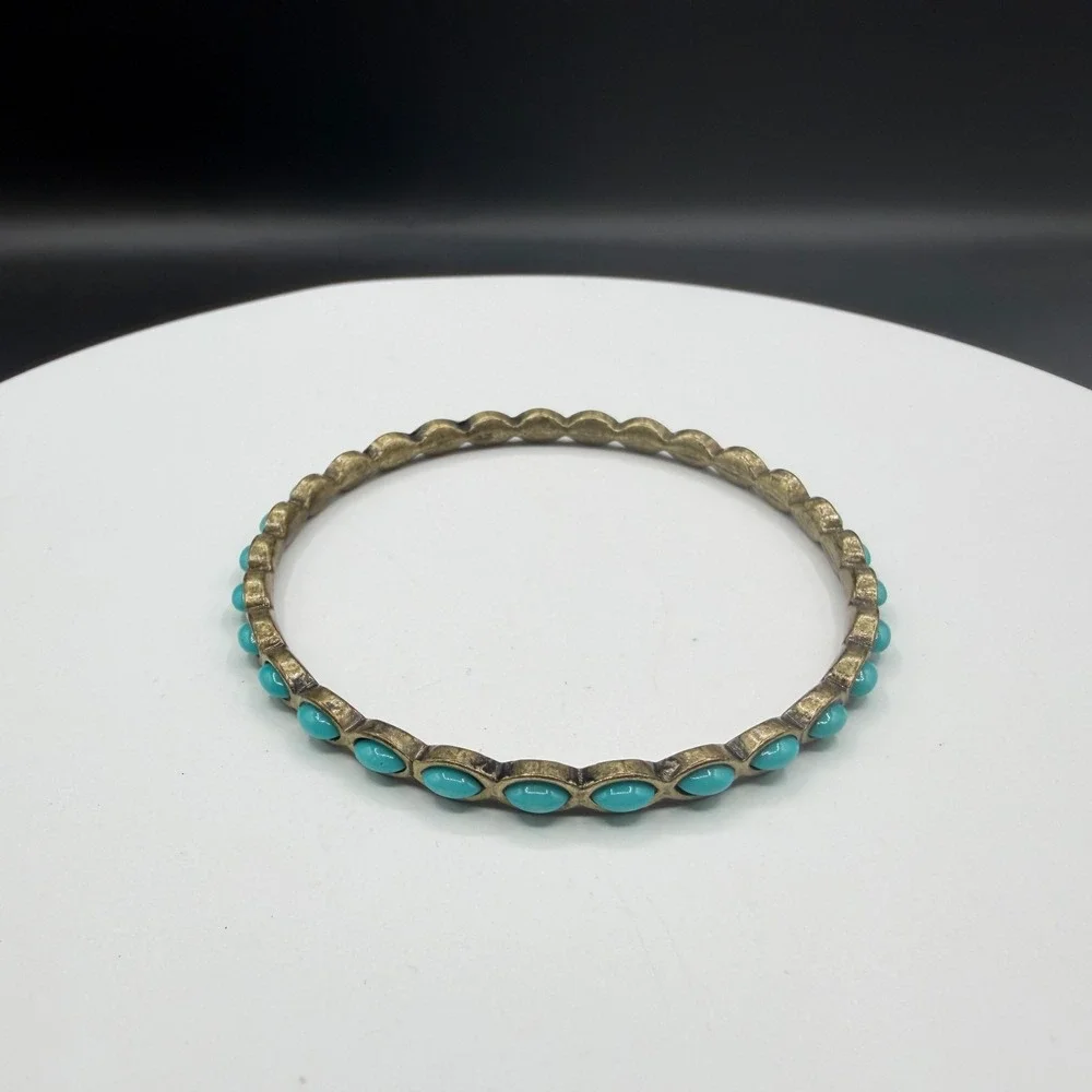 Vintage Style Turquoise & Brass Tone Cabochon Bangle Bracelet Boho Southwestern